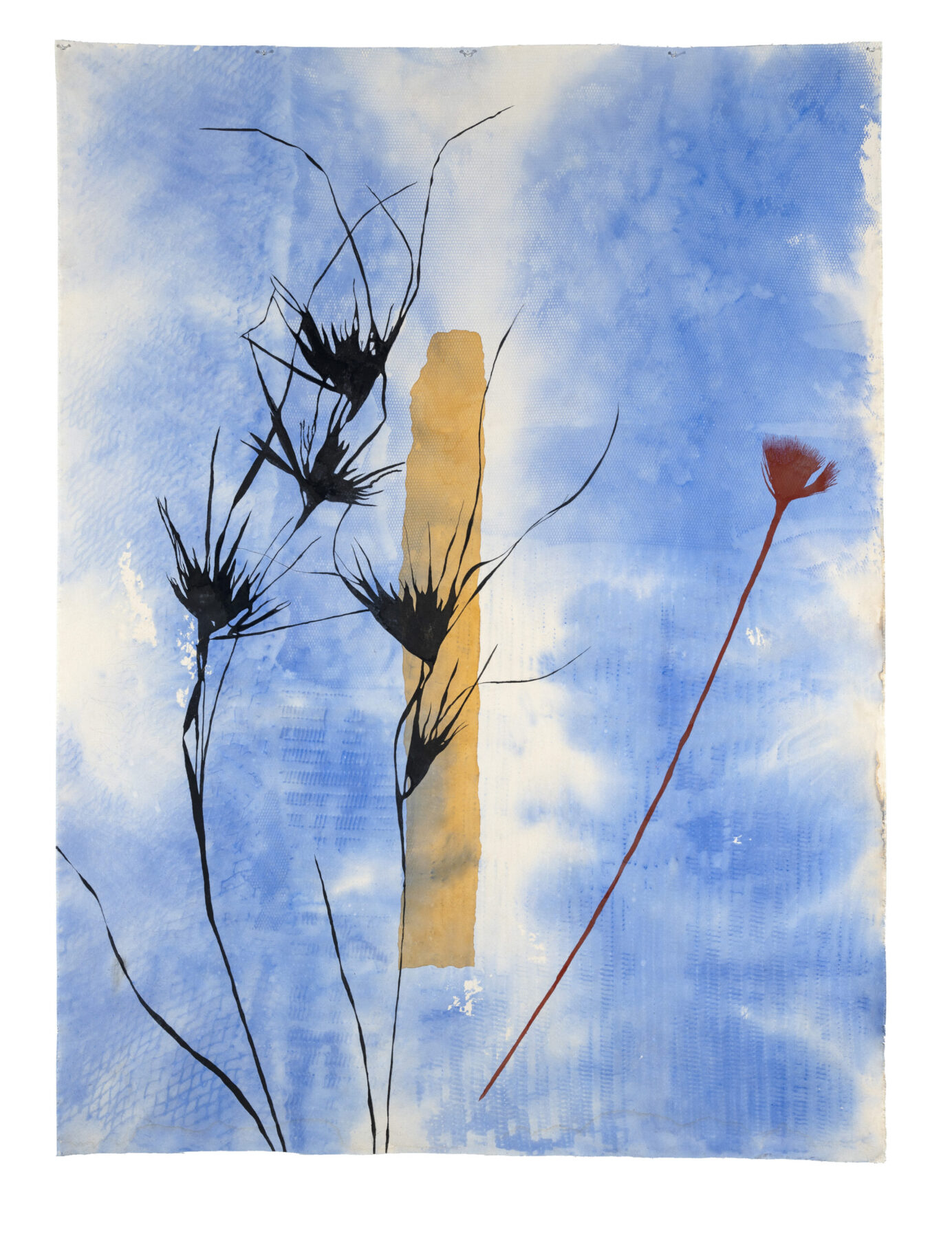 Judy Watson, standing stone, kangaroo grass, red and yellow ochre