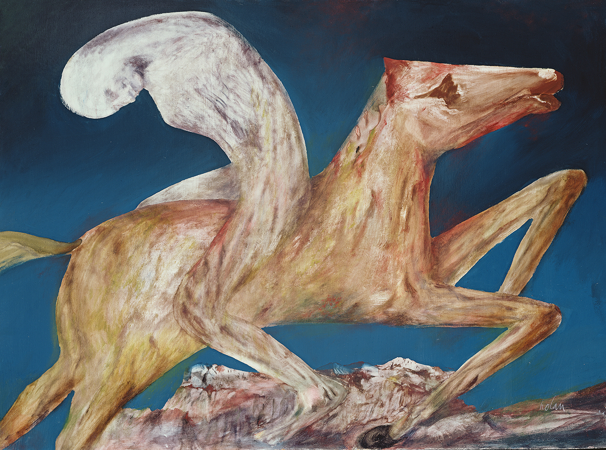 An artwork by Sidney Nolan. The pale rider faces backwards on horseback