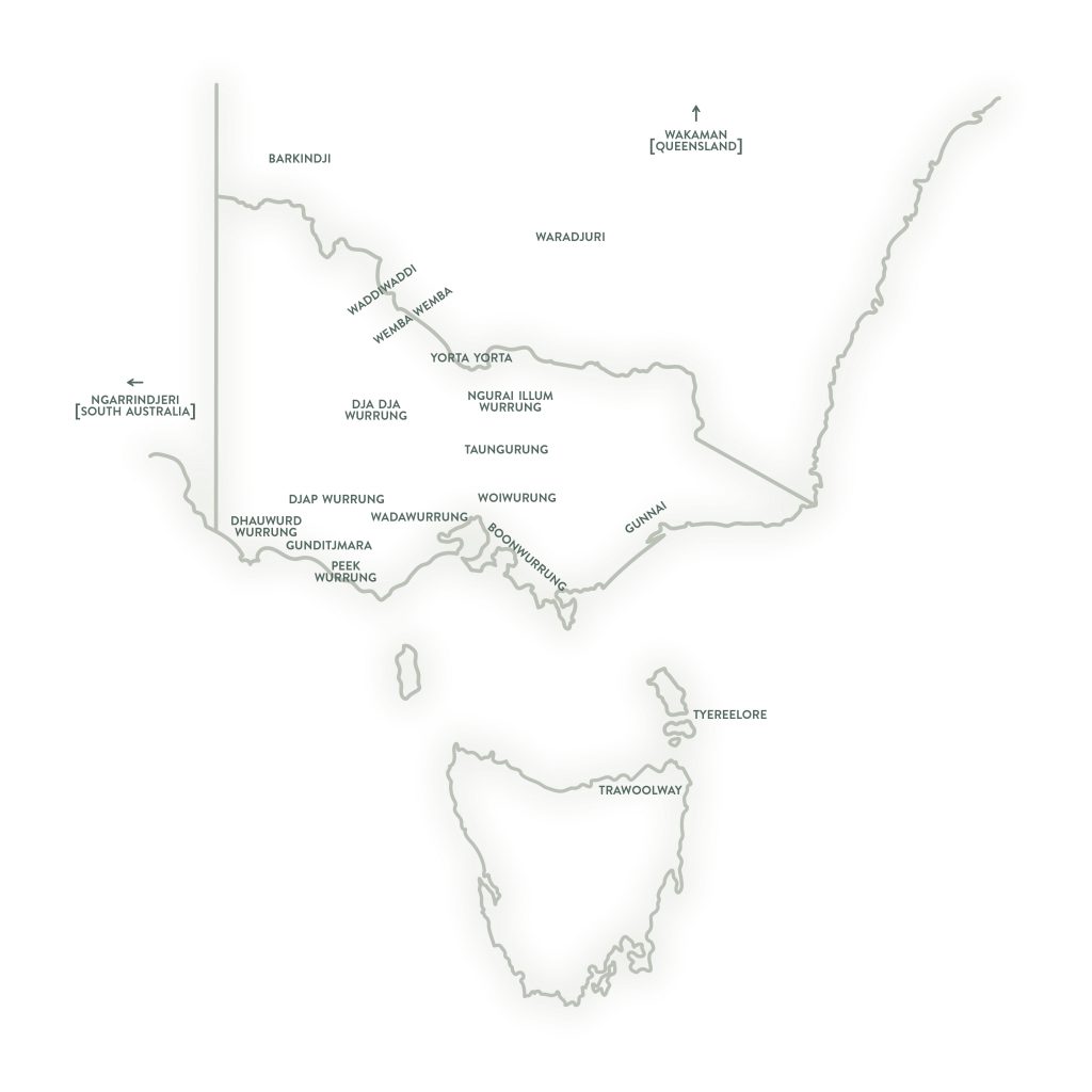 A map of Victoria and surrounding states showing the location of First Nations language groups