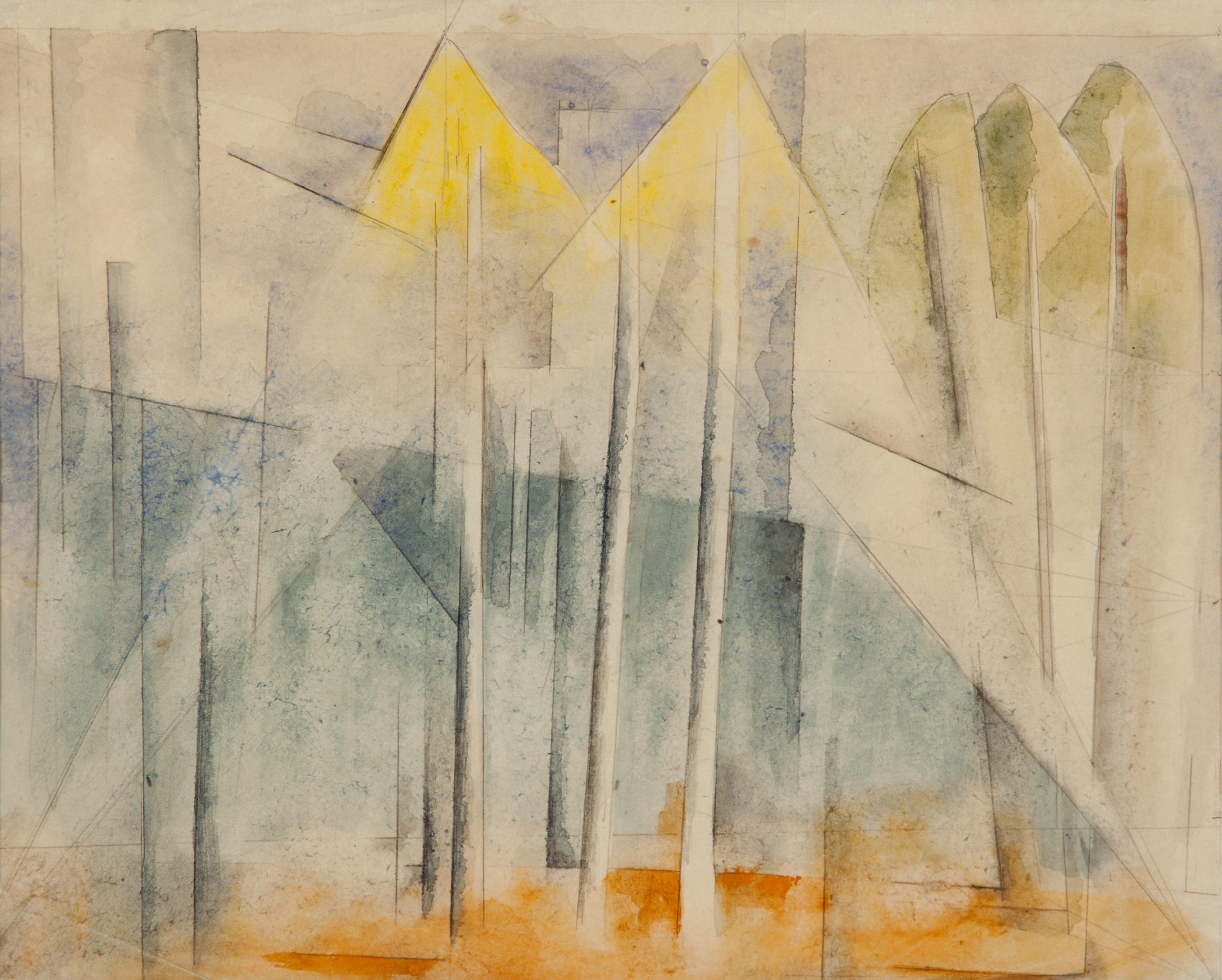 an abstract australian painting with triangular tree forms and yellow peaks