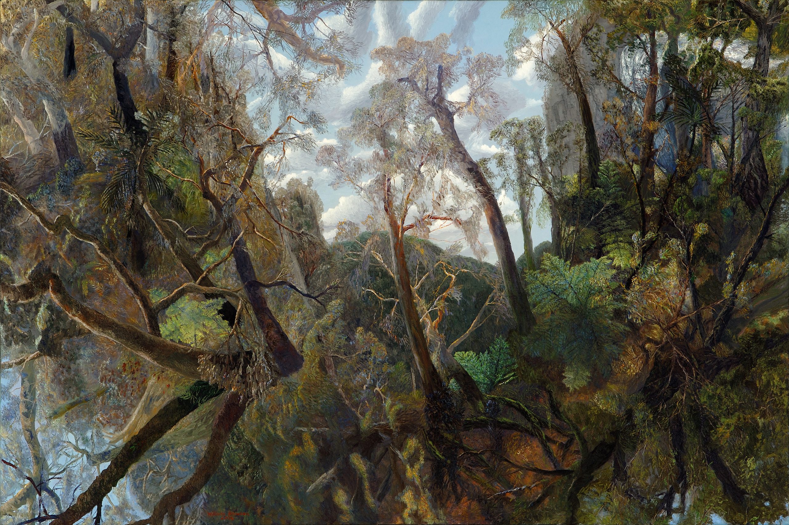 A painting of trees with with blue skies and slightly distorted perspectives