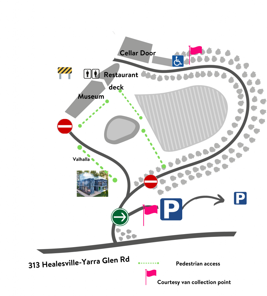 A map indicates parking access at TarrraWarra, as explained on this page