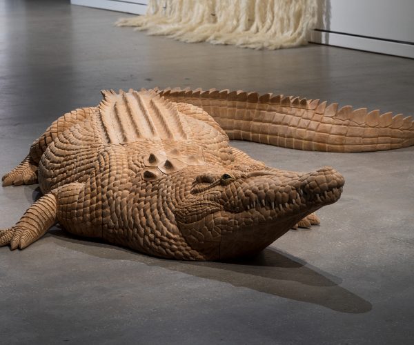 a wooden crocodile sculpture