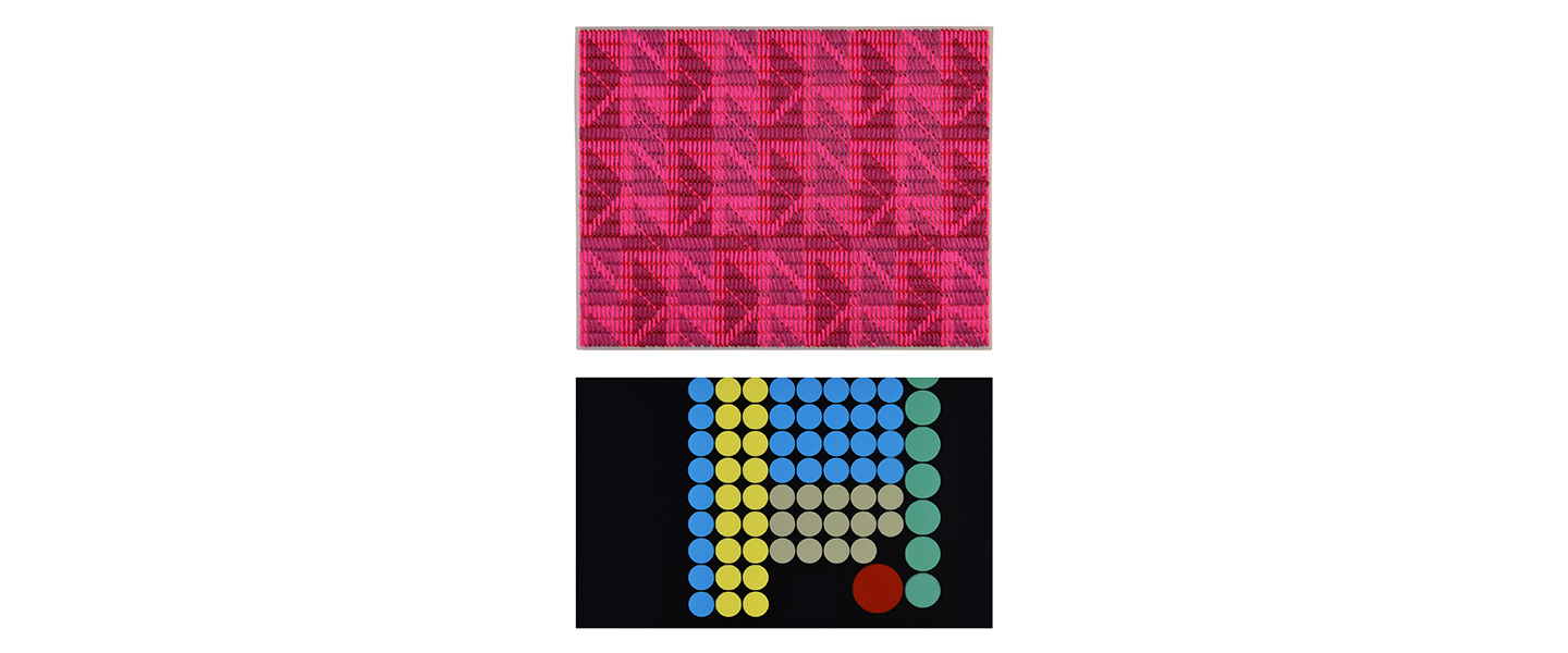 Artworks from Dana Harris and Peter Harris. A pink rectangular tapestry and a painting of dots inspired by Dr. No