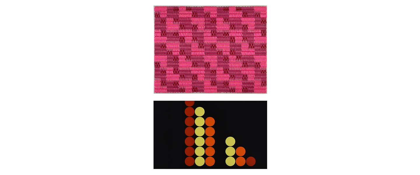 Artworks from Dana Harris and Peter Harris. A pink rectangular tapestry and a painting of dots inspired by Dr. No