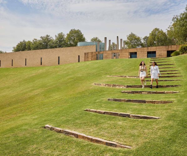Two women walking down grass stairs in the lawn at TarraWarra Museum of Art