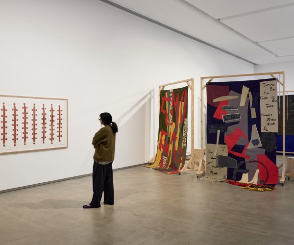 A woman looks at work by Teho Ropeyarn (with work by Nadia Hernadez in the background) at the TarraWarra Biennial 2025: We Are Eagles